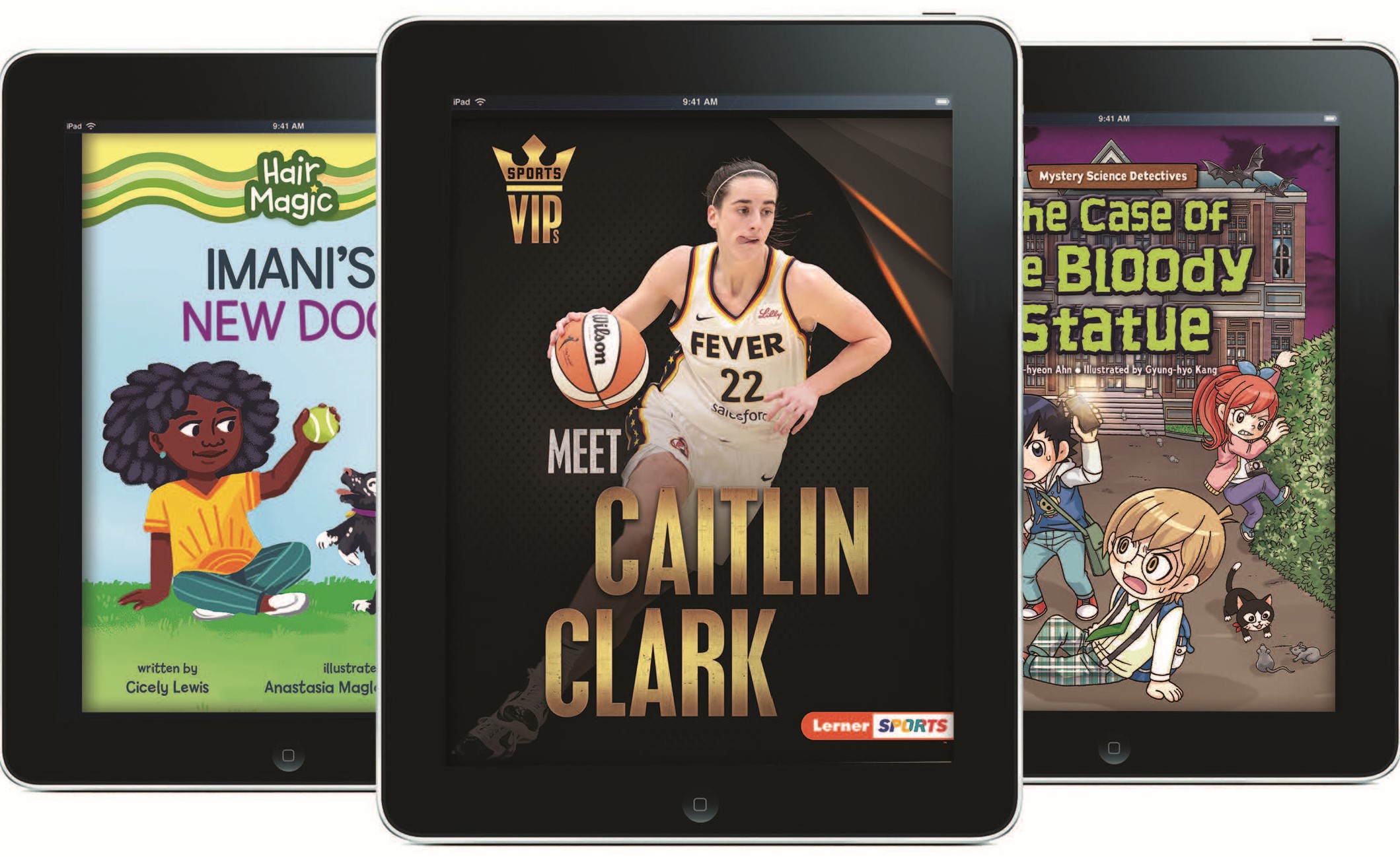 3 iPads with different cover images of ebooks by Lerner
