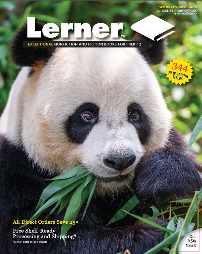 Lerner Spring 2024 School & Library Catalog Cover: Closeup of a panda chewing leaves
