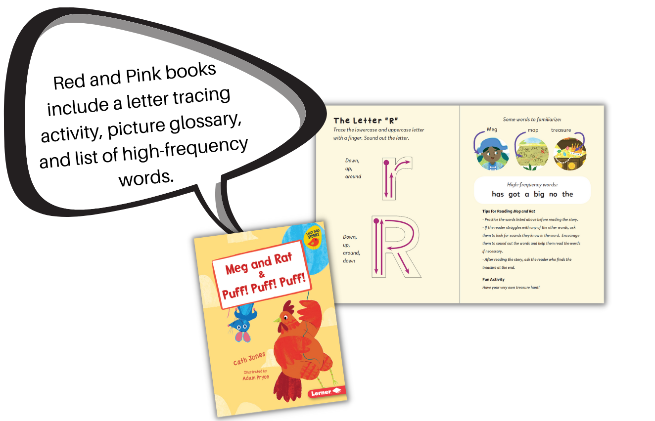 Red and Pink books include a letter tracing activity, picture glossary, and list of high-frequency words